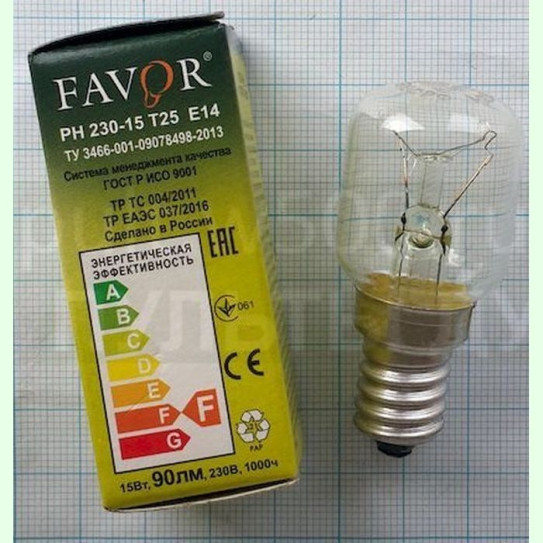 Лампа для печей Е14, 15 Вт, 220V, для холод., шв.машин ( Favor РН 230-15 Т25 Е14)