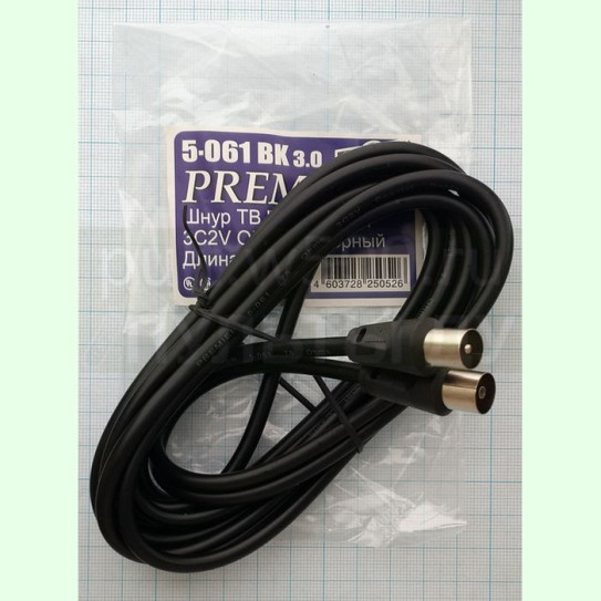 Шнур ТВ "шт" - ТВ "гн" высокочастотный 3,0 м, с кабелем 3С2V, чёрный ( PREMIER 5-061 BK 3.0 )