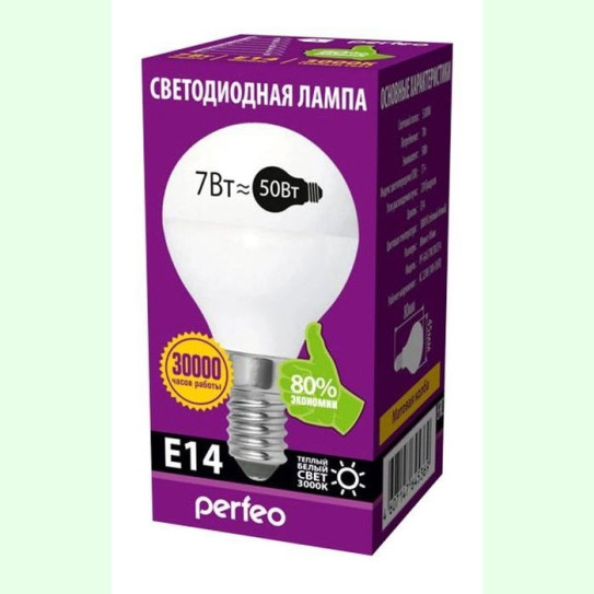 Светодиодная лампа LED, E14, 7W, 3000K, PF-G45 шар Perfeo