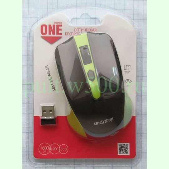 Мышь беспров. оптич. 3 кн, 1600DPI, USB, чёрно-зелёная ( Smartbuy SBM-352AG-GK )