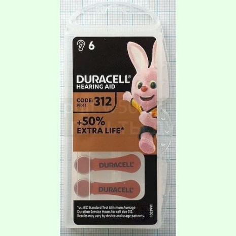 Батарея ZA312, PR41, DA316 Duracell (для слуховых аппаратов) (6BL)